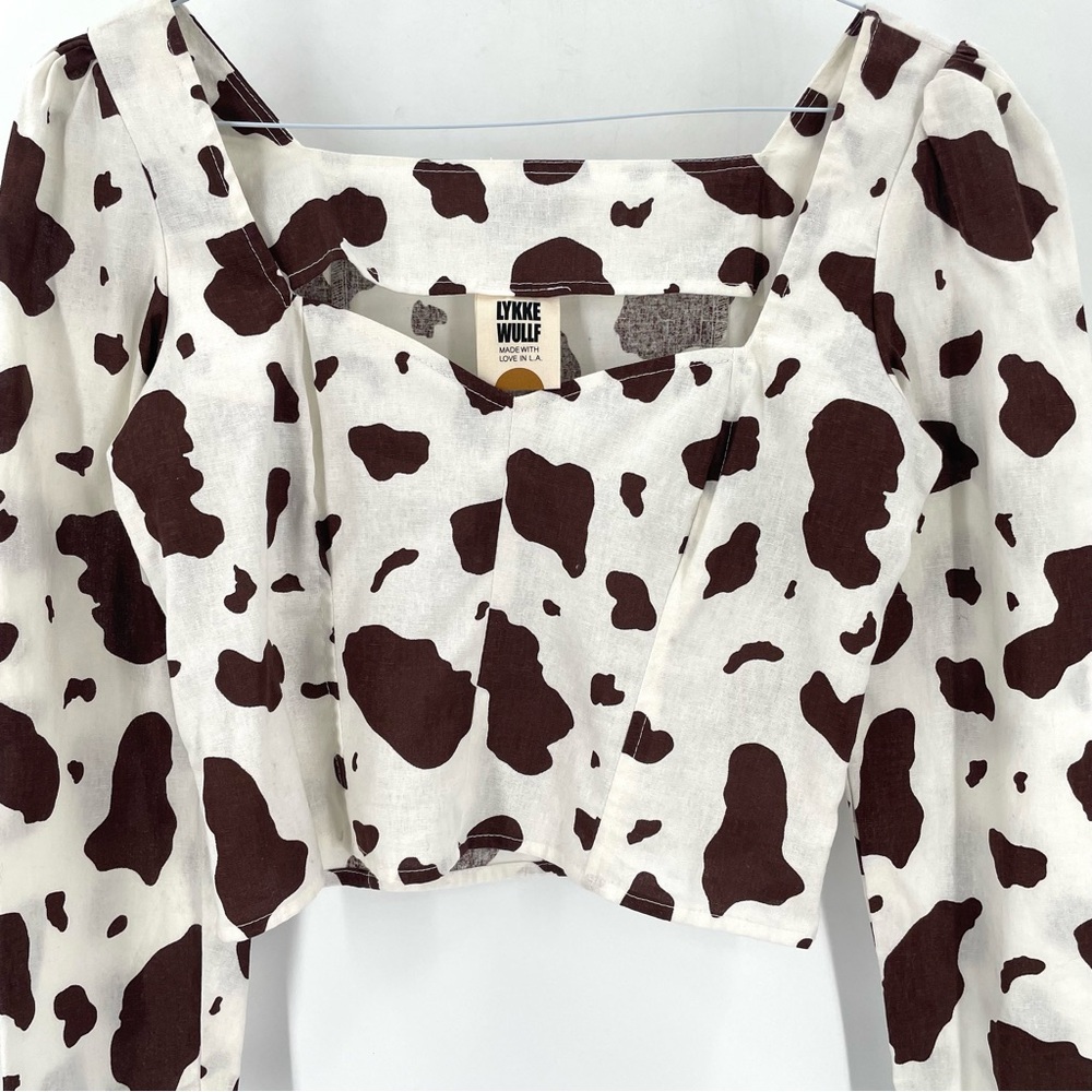 Luke Wullf Georgia Cow Print Sweetheart Neck Puff Long Sleeve Western Rodeo Top - Picture 5 of 9